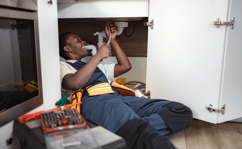 Plumber working on pipes under a sink